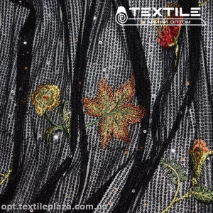 Сетка пайетки 16457D1C1 вышивка листья, черный