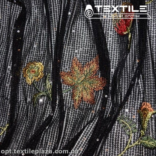 Сетка пайетки 16457D1C1 вышивка листья, черный