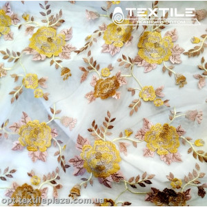 Сетка вышивка 3252D3C2 цветы золотисто-бежевые, белый