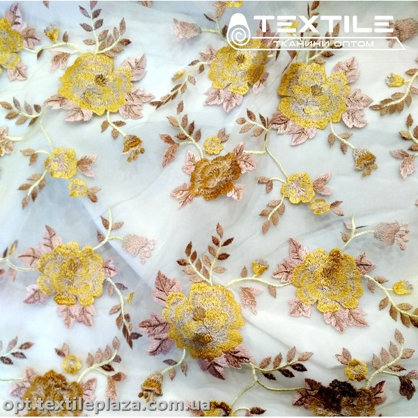 Сетка вышивка 3252D3C2 цветы золотисто-бежевые, белый