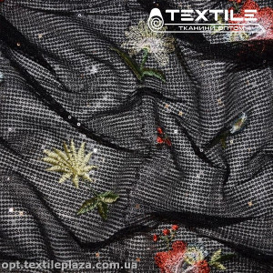 Сетка пайетки 16457D2C1 вышивка цветы, черный