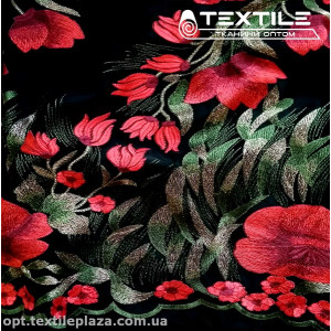 Сетка вышивка 12342D3C1 цветы красные, черный