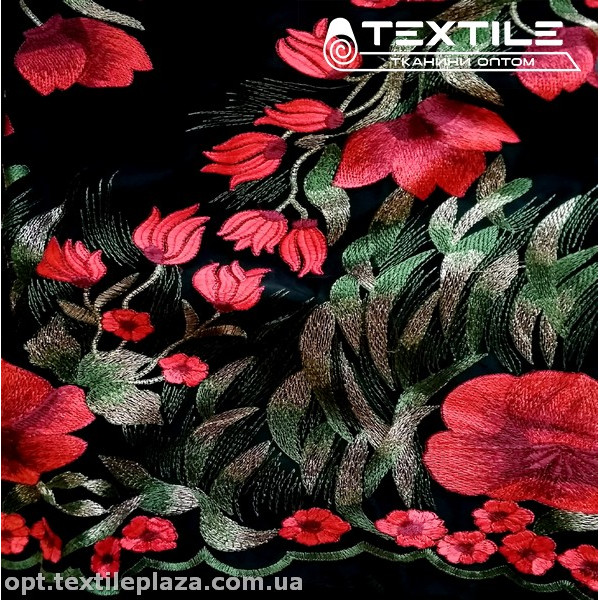 Сетка вышивка 12342D3C1 цветы красные, черный