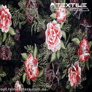 Сетка вышивка 12342D2C1 цветы красные, черный