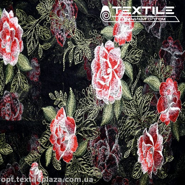 Сетка вышивка 12342D2C1 цветы красные, черный
