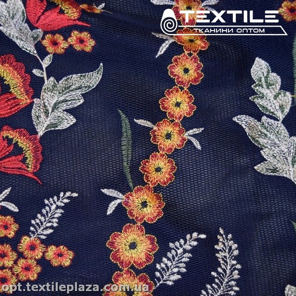 Сетка вышивка 16332D1C1 цветы оранжевые, темно-синий