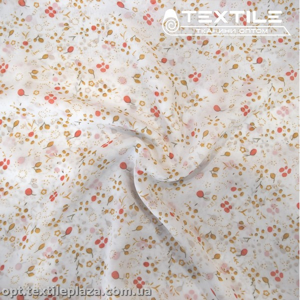 Шифон цветной 4019D2C4 цветы медово-красные, молочный