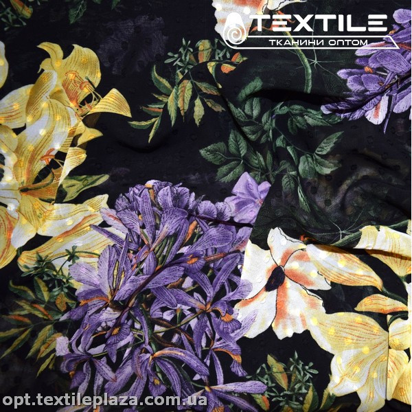 Шифон жаккард цветной 4074D271C2 Uragiri dott цветы желто-сиреневые, черный