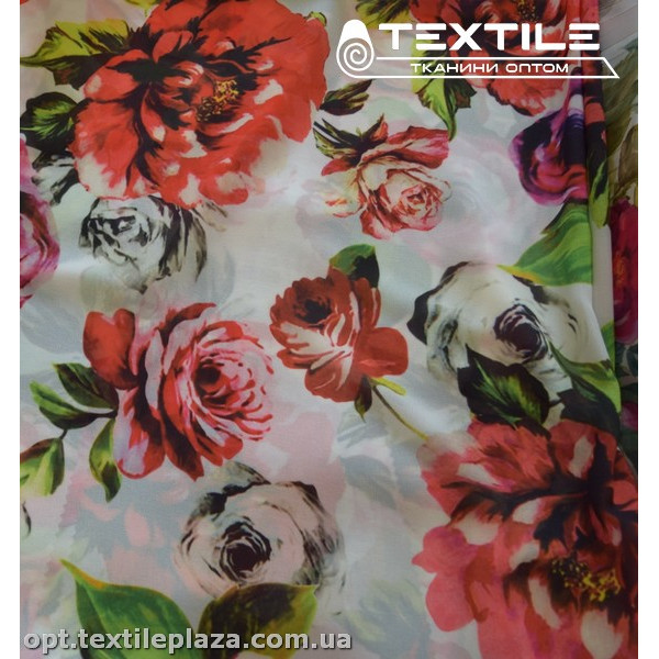 Шифон цветной 3809D2C1 цветы красные, белый