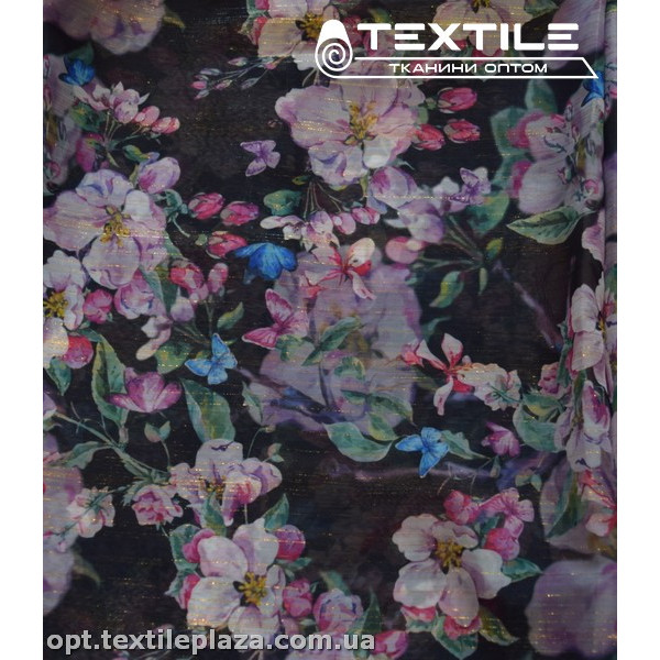Шифон люрекс цветной 3807D2C1 цветы сиренево-розовые, черный