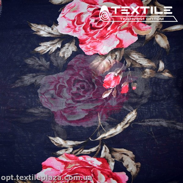 Шифон цветной 3528D4C1 цветы красные, черно-синий
