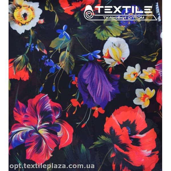 Шифон цветной 3809D9C1 цветы красно-голубые, черный