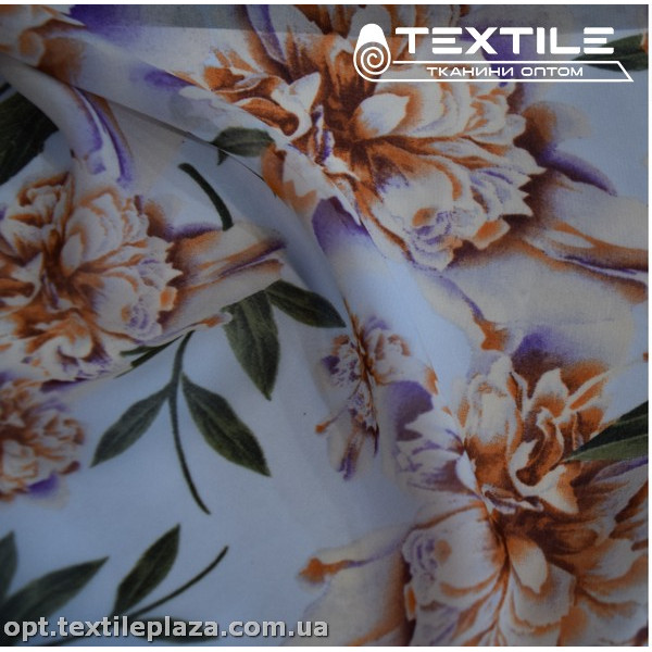 Шифон цветной 3889D67C2 цветы оранжевые, голубой