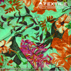 Шифон жаккард цветной 4074D271C3 Uragiri dott цветы оранжево-лиловые, мятно-зеленый
