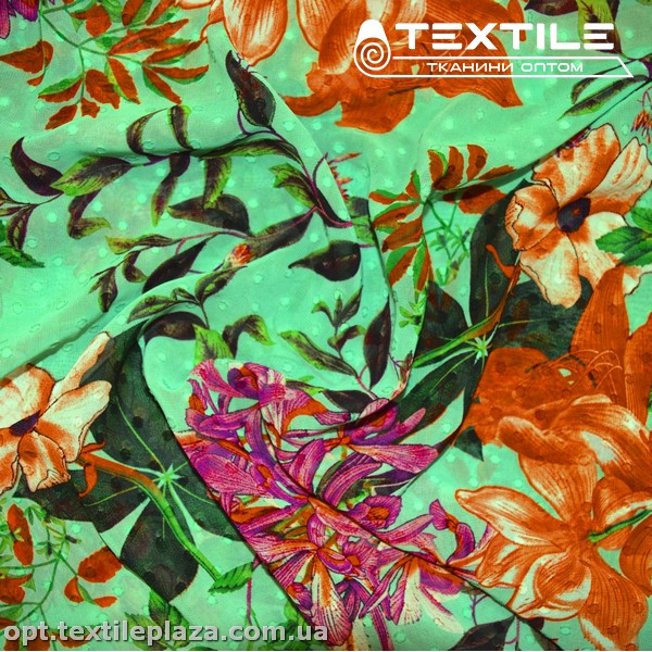 Шифон жаккард цветной 4074D271C3 Uragiri dott цветы оранжево-лиловые, мятно-зеленый