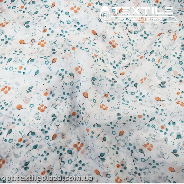 Шифон цветной 4019D2C6 цветы лососево-мятные, белый