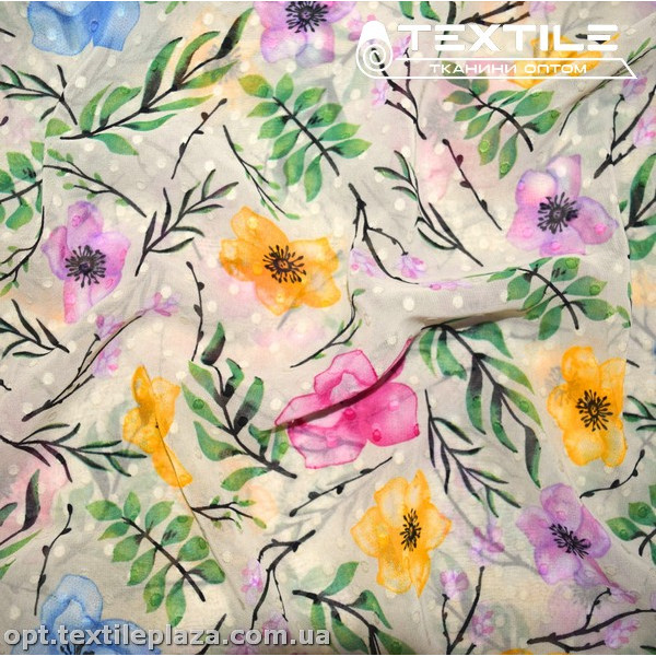 Шифон жаккард цветной 4074D267C2 Uragiri dott цветы желто-сиреневые, молочный