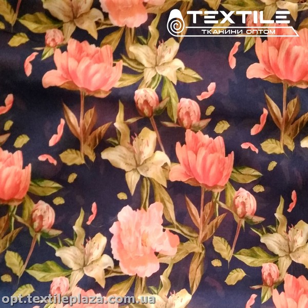 Шифон цветной 3520D2C3 цветы розовые, синий