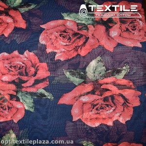 Шифон цветной 3528D2C2 цветы красные, темно-синий