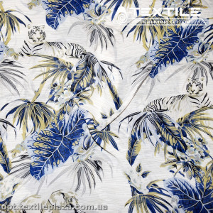 Шифон цветной 4081D122C1 листья сине-горчичные, белый