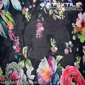 Шифон цветной 3520D1C1 цветы розово-сиреневые, черный