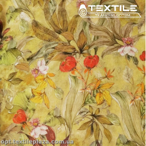 Шифон цветной 3809D12C1 цветы красные, оливково-горчичный