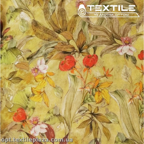 Шифон цветной 3809D12C1 цветы красные, оливково-горчичный