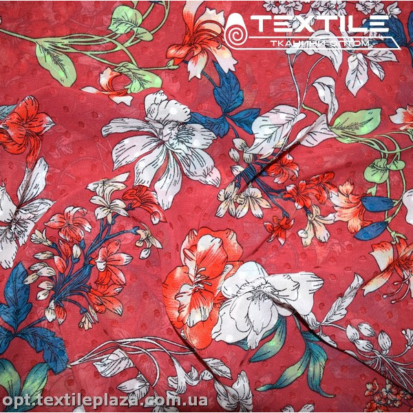 Шифон жаккард цветной 4074D265C1 Uragiri dott цветы оранжево-белые, красный