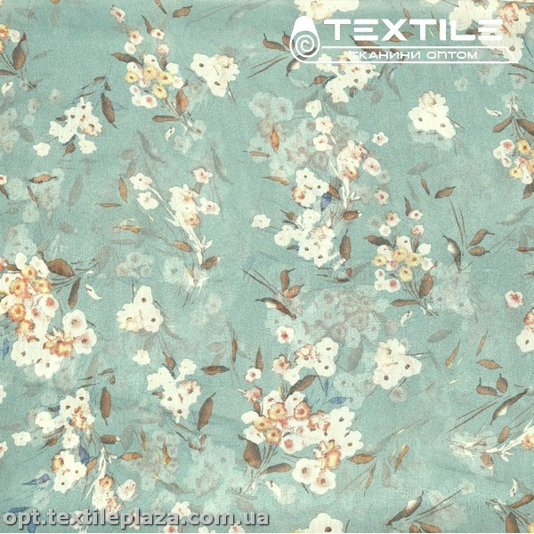 Шифон крэш цветной 4095D179C1 цветы белые, петролево-голубой