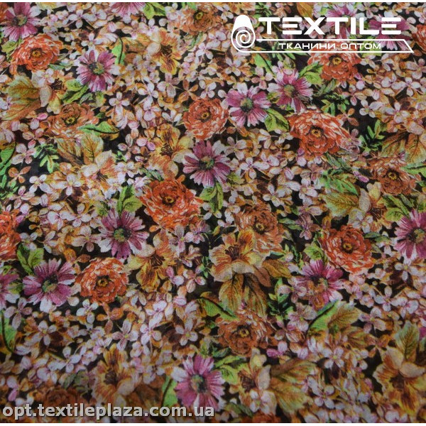 Шифон цветной 3605D849C8 цветы лососево-медовые, черный