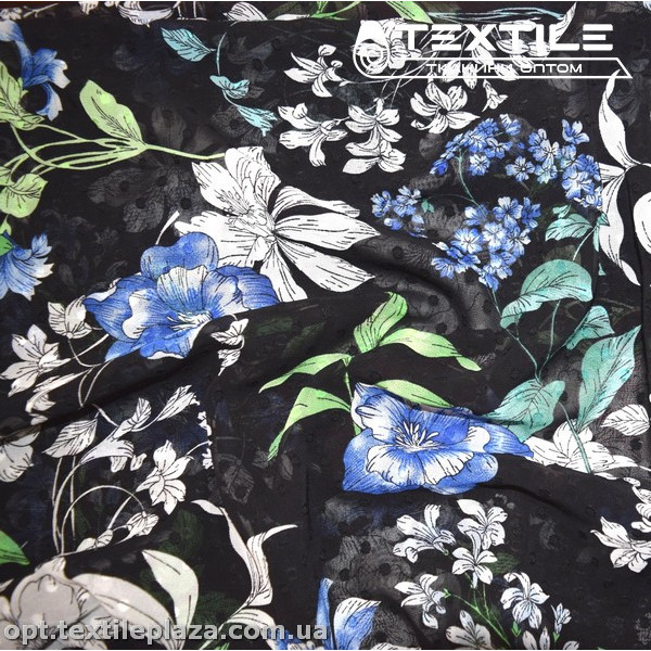 Шифон жаккард цветной 4074D265C2 Uragiri dott цветы бело-голубые, черный