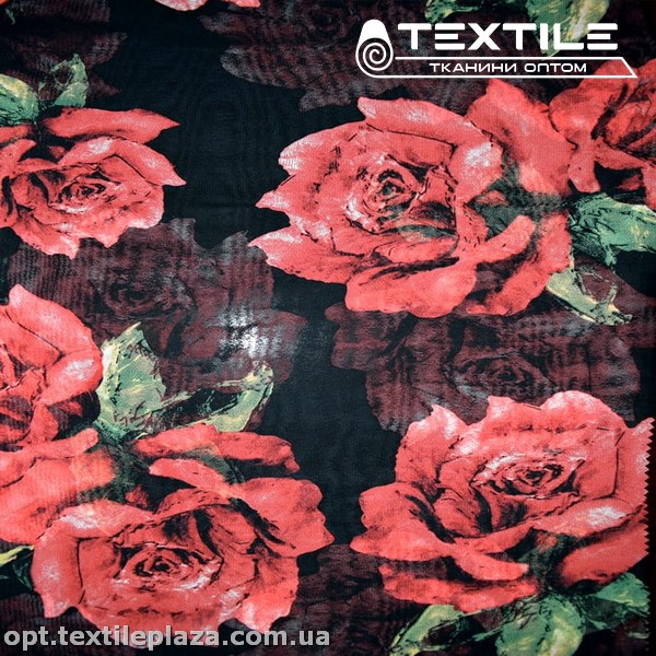 Шифон цветной 3528D2C3 цветы красные, черный