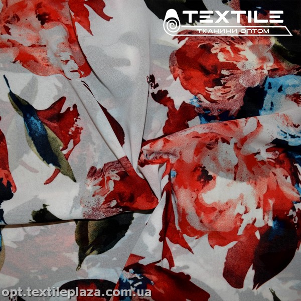 Шифон цветной 3539D17C1 цветы красные, белый