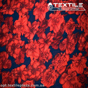 Шифон цветной 3699D1C2 цветы красные, черно-синий