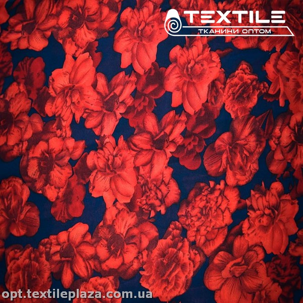Шифон цветной 3699D1C2 цветы красные, черно-синий