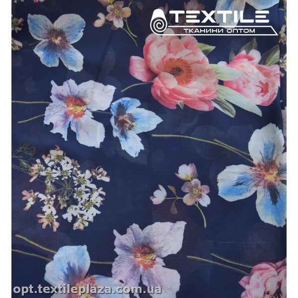 Шифон цветной 3809D11C1 цветы розово-голубые, синий