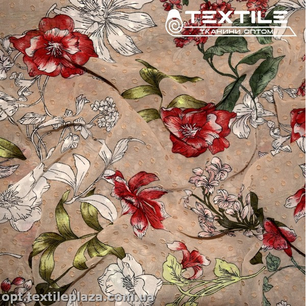 Шифон жаккард цветной 4074D265C3 Uragiri dott цветы бело-красные, бежевый