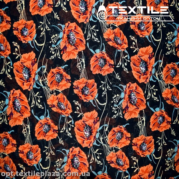 Шифон цветной 3539D13C2 цветы красные, черный