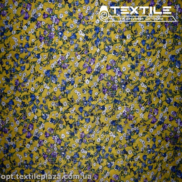 Шифон цветной 3594D2C1 цветы бело-голубые, горчичный