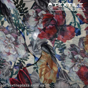 Шифон цветной 3702D1C1 цветы желто-красные, белый