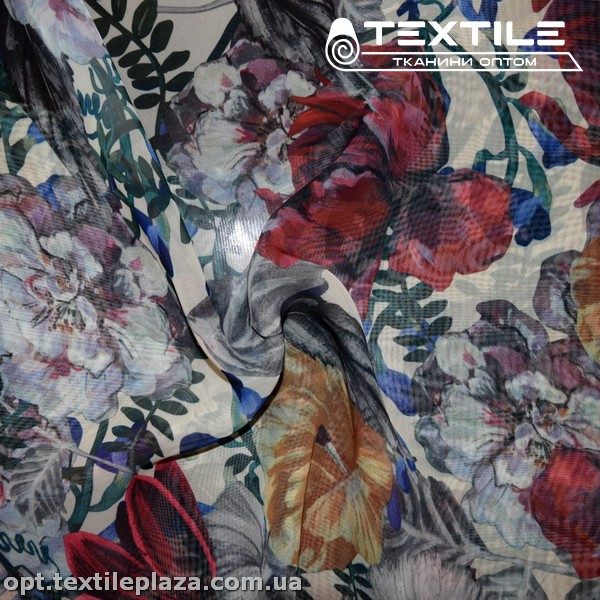 Шифон цветной 3702D1C1 цветы желто-красные, белый