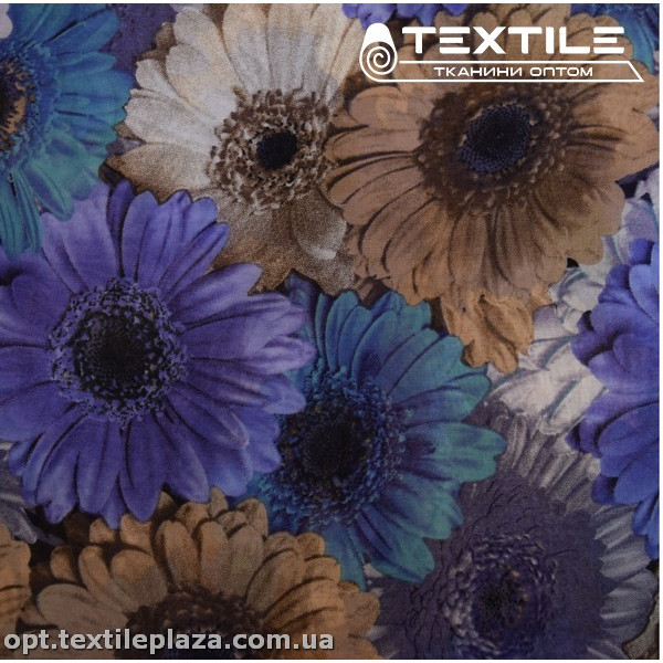 Шифон цветной 3889D782C2 цветы бежево-васильковые
