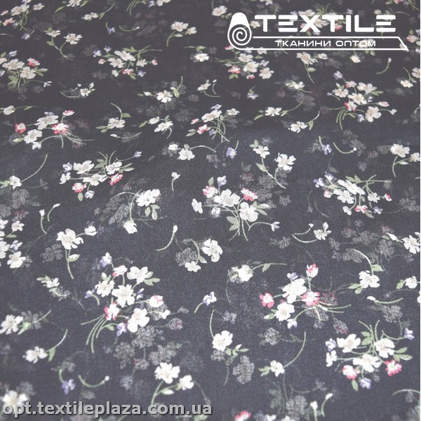 Шифон крэш цветной 4095D46C1 цветы белые, темно-синий