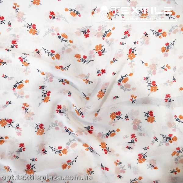 Шифон цветной 4019D6C4 цветы оранжевые, белый