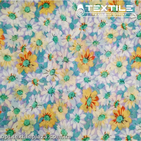 Шифон цветной 4059D2C2 цветы бело-желтые, сиреневый
