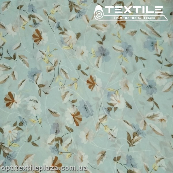 Шифон цветной 3808D11C2 цветы бело-голубые, мятный