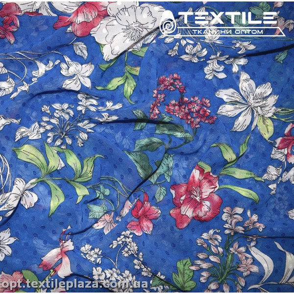 Шифон жаккард цветной 4074D386C2 Uragiri dott цветы бело-бордовые, синий