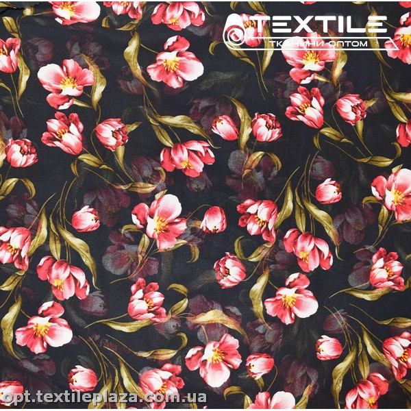 Шифон цветной 4081D414C2 цветы красные, черный