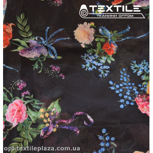 Шифон цветной 3520D7C2 цветы желто-голубые, графитово-черный