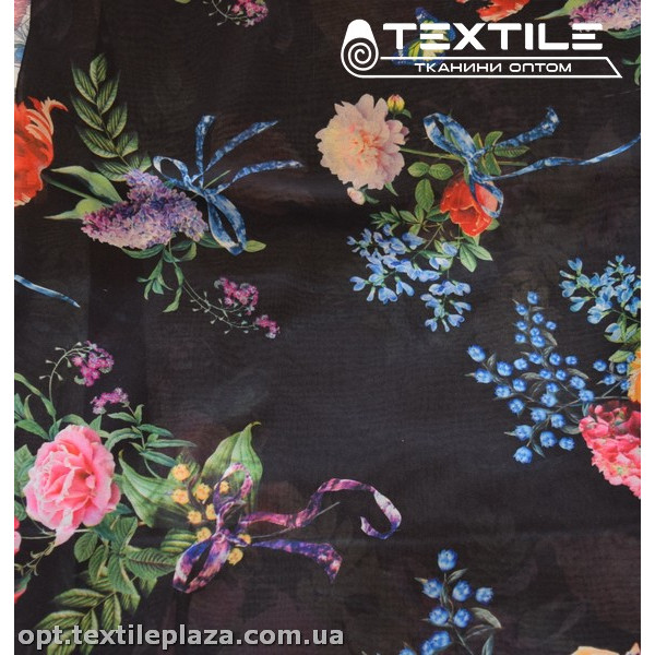 Шифон цветной 3520D7C2 цветы желто-голубые, графитово-черный